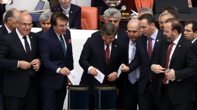 Prime Minister Ahmet Davutoglu, center, and his ruling party legislators vote at the parliament in Ankara, Turkey