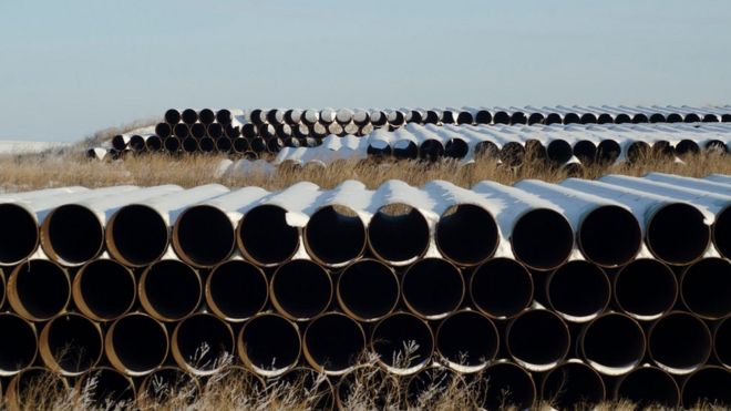 Pipes for Transcanada Corp's planned Keystone XL oil pipeline are pictured in Gascoyne, North Dakota in this November 14, 2014 file photo.