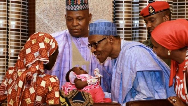 The first rescued Chibok girl with her child, meeting President Buhari