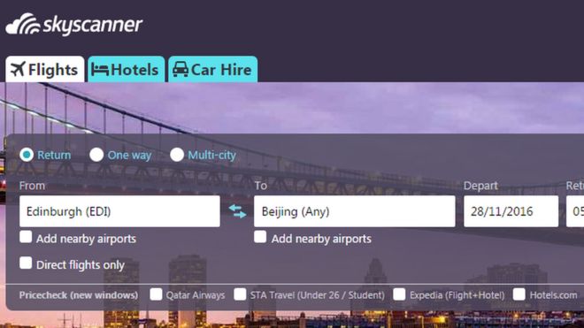 A screengrab of the Skyscanner website