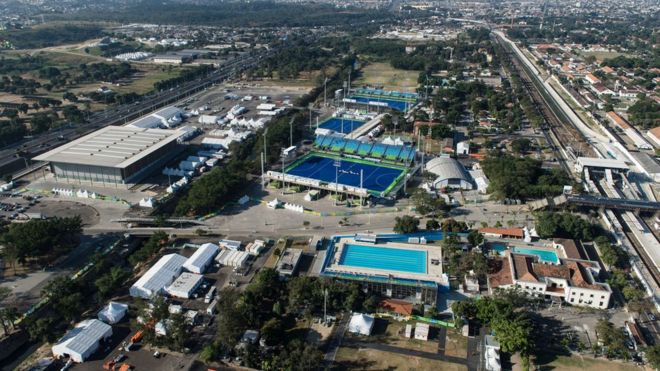 The Olympic Hockey Centre (blue fields) and the Youth Arena (L)