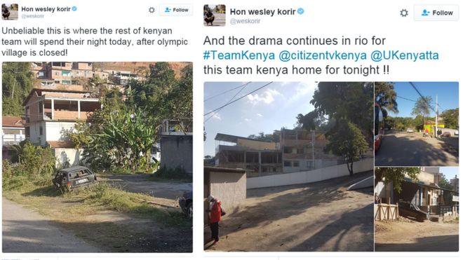 Wesley Korir tweets with photos of the place where Kenyan athletes have been housed after the closure of the Olympic Village