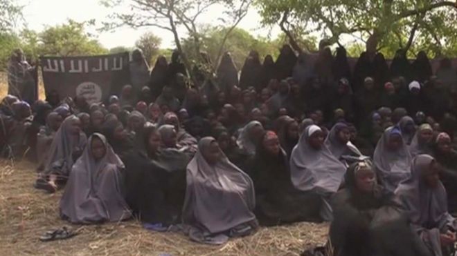 The Chibok girls in a Boko Haram video released in May 2014
