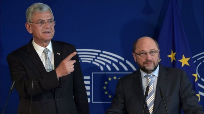 Volkan Bozkir, Turkish Minister for EU Affairs, (left) and Martin Schultz, President of European Parliament, in Strasbourg. Photo: 11 May 2016