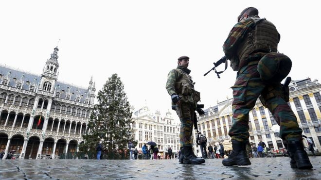 Soldiers patrolling Brusselss main square on Sunday