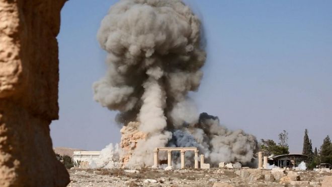 Screengrab of Islamic State (IS) video purportedly showing the destruction of the Temple of Baalshamin at Palmyra (25 August 2015)