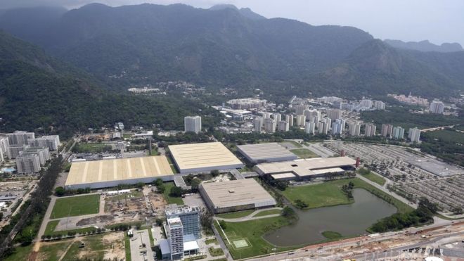 The Riocentro complex is shown in this aerial view Friday, Oct. 9, 2015, in Rio de Janeiro