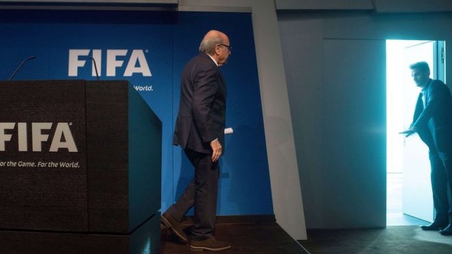 Fifa President Sepp Blatter leaves after a news conference