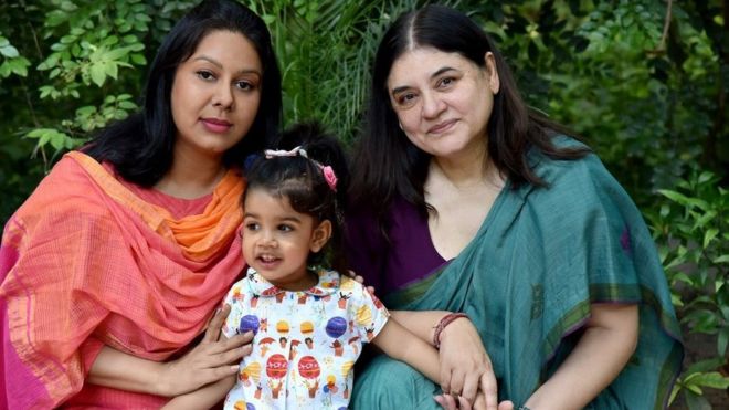 Indian Minister for Women and Child Development Maneka Gandhi (right) with her daughter-in-law and granddaughter
