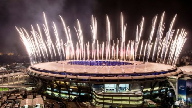Fireworks explode above the Maracana stadium during the rehearsal of the opening ceremony of the Olympic Games on August 03, 2016 in Rio de Janeiro