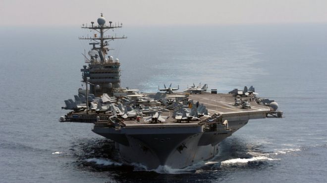 In this photo taken on Jan 18, 2012 and released by U.S. Navy, its aircraft carrier USS Abraham Lincoln transits the Indian Ocean