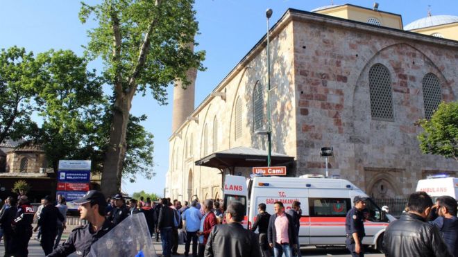 Security officials secure the area after an explosion outside the historical Ulu Cami in Bursa, Turkey, Wednesday, April 27, 2016