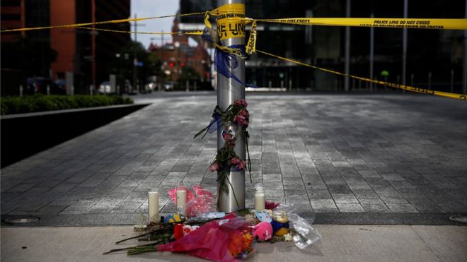 A makeshift memorial is seen near the crime scene two days after a lone gunman ambushed and killed five police officers at a protest decrying police shootings of black men, in Dallas, Texas, U.S., July 9, 2016.