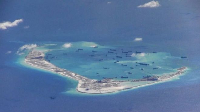 China has built islands on reefs and, says a think-tank, is building military facilities on some