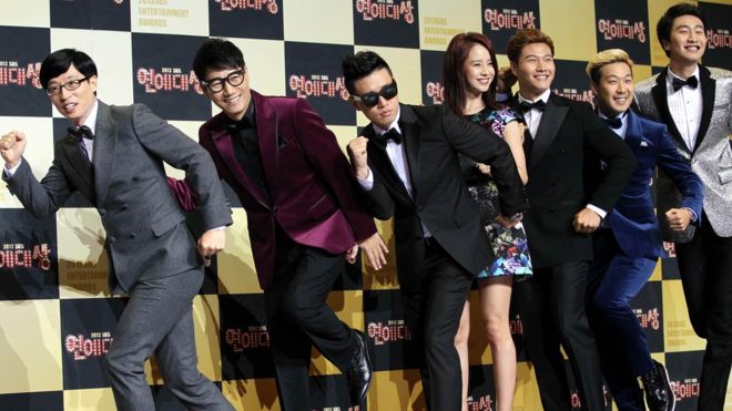 Cast members of 'Running Man' arrive at the red carpet of the 2013 SBS Entertainment Awards at SBS Prism Tower on December 30, 2013 in Seoul, South Korea.