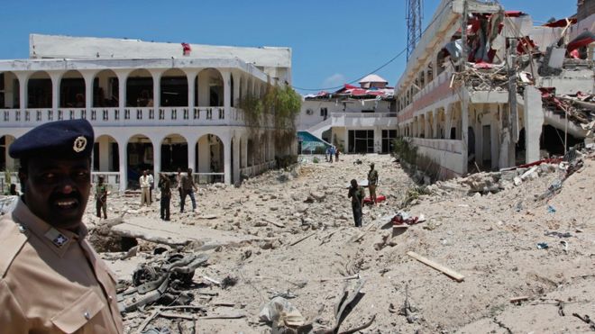 Damage outside the the Somali Youth League (SYL) Hotel in Mogadishu, Somalia