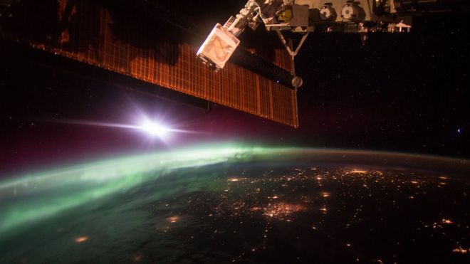 An early morning aurora, as photographed by Astronaut Scott Kelly from the International Space Station