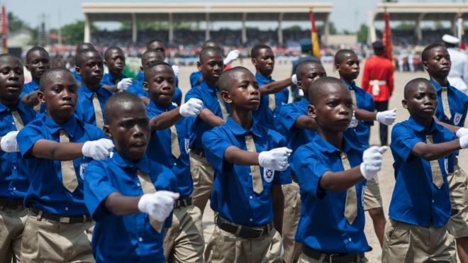Students from different schools of Ghana marching during the celebration of the 60 years of Independence of the country on March 6, 2017 in Accra.