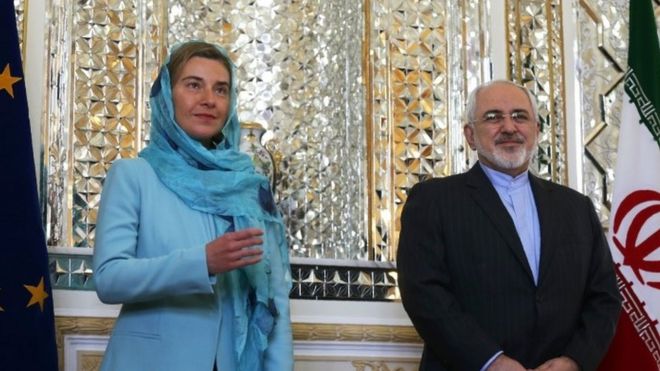 European Union High Representative for Foreign Affairs, Federica Mogherini (left) with Iranian Foreign Minister Mohammad Javad Zarif