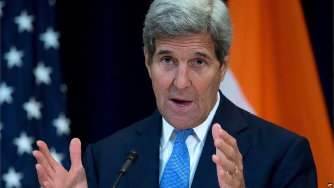 Secretary of State John Kerry answers media questions at the State Department in Washington, Tuesday, Sept. 22, 2015.