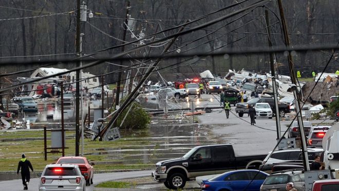 Tornado damage to the back part of the RV park is seen, Tuesday, Feb. 23, 2016 near Convent, La.