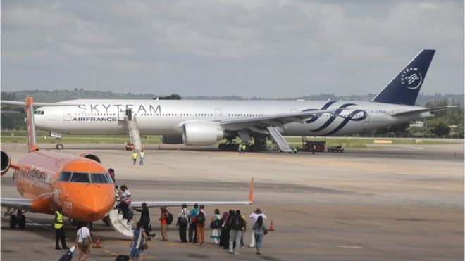 The Boeing 777 Air France flight 463 parked at Moi International Airport in Kenyan coastal city Mombasa, 20 December 2015.