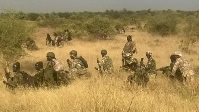 Nigerian soldiers attack a Boko Haram position in the Gubio government area of Borno State (09 November 2015)
