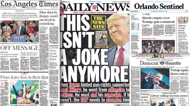 Trump reaction combo picture of US front-pages