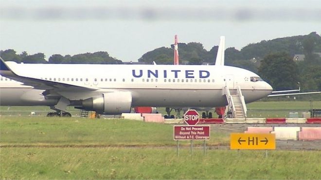 The Boeing 767-300 aircraft at Shannon Airport in County Clare after making an emergency landing this morning