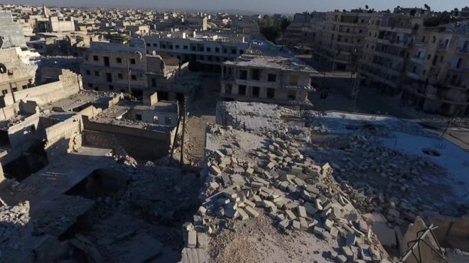 A still image taken on September 27, 2016 from drone footage obtained by Reuters shows damaged buildings in a rebel-held area of Aleppo, Syria
