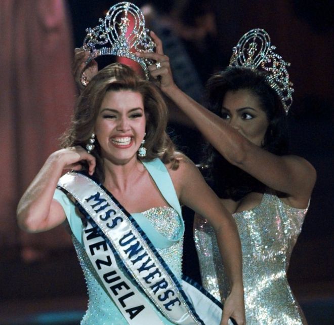 New Miss Universe Alicia Machado of Venezuela reacts as she is crowned at the Miss Universe competition in Las Vegas on 17 May, 1996