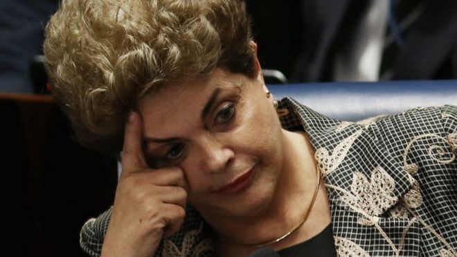 Dilma Rousseff sits during a question from a Senator on the Senate floor during her impeachment trial on August 29, 2016 in Brasilia, Brasil.