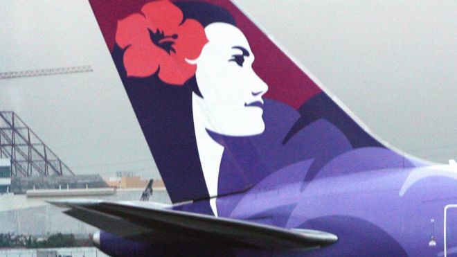 The tail-fin of a Hawaiian Airlines aircraft