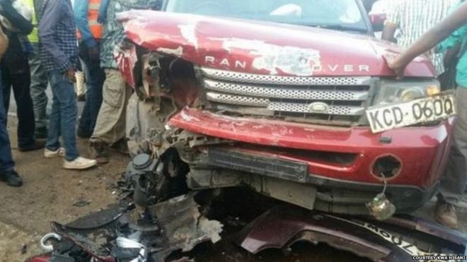 A photo of the crashed Range Rover in Nairobi, Kenya