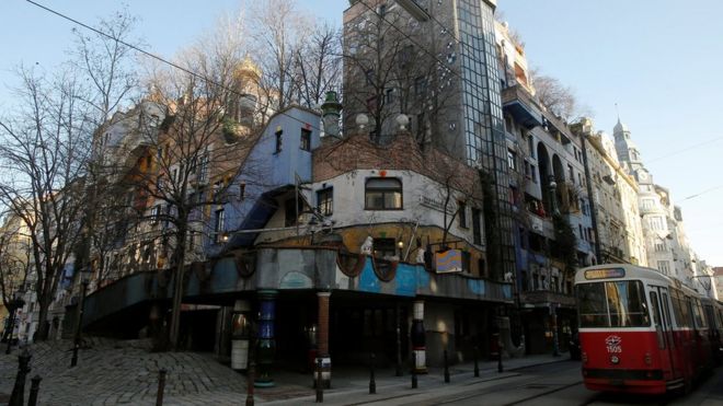 The Hundertwasser House landmark, an apartment house designed by artist and architect Friedensreich Hundertwasser, with the "Terrassencafe im Hundertwasserhaus" is seen in Vienna