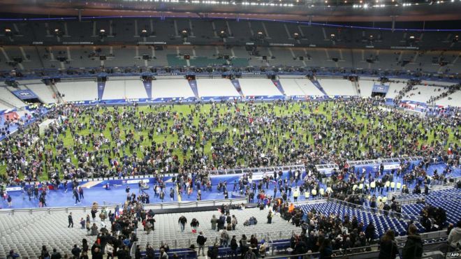 Fans on pitch at Stade de France