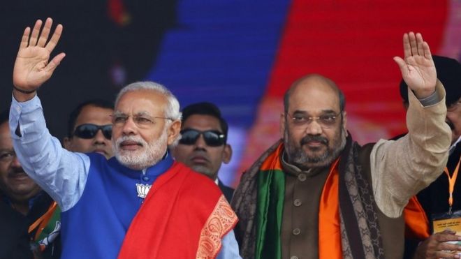 Indian Prime Minister Narendra Modi (L) and Amit Shah, the president of India