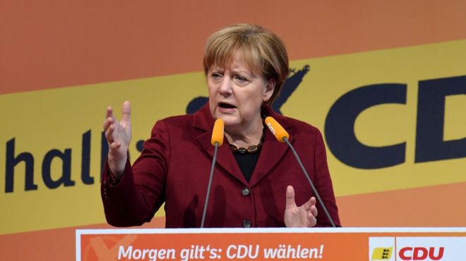 German chancellor Angela Merkel delivers at the last electoral meeting on 12 March 2016 in Haigerloch, south-western Germany.