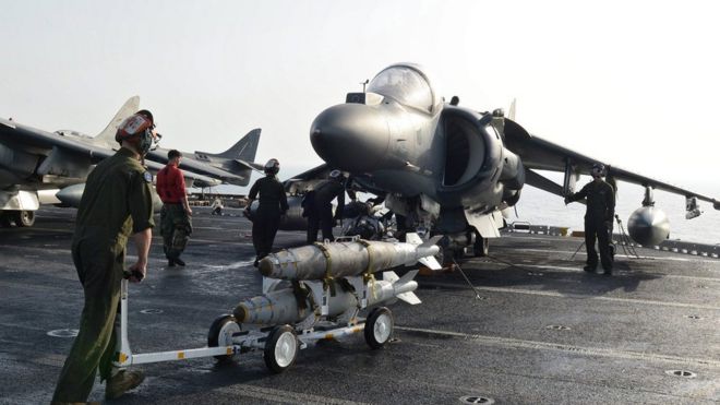 AV-8B Harrier assigned to 13th Marine Expeditionary Unit on deck of USS Boxer in Gulf