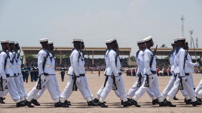 Soldiers taking part in a military parade for the celebration of the 60 years of Independence of Ghana on March 6, 2017