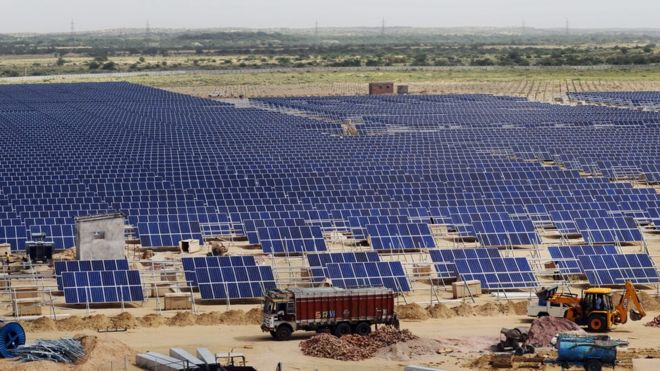 Solar panels at the under construction Roha Dyechem solar plant at Bhadla