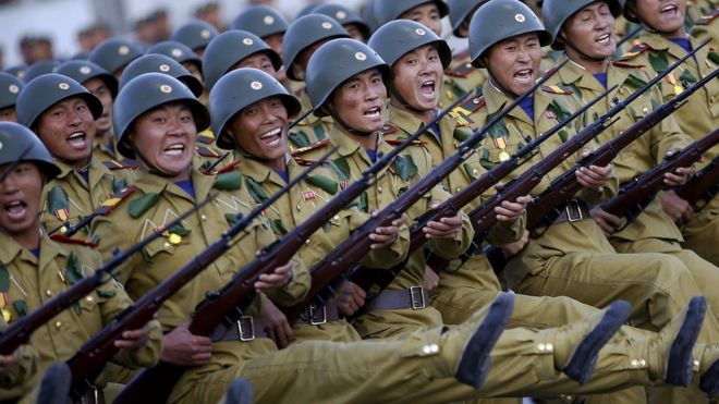 Soldiers shout slogans during the military parade for the 70th anniversary of the founding Workers' Party, Pyongyang, North Korea - Saturday 10 October 2015