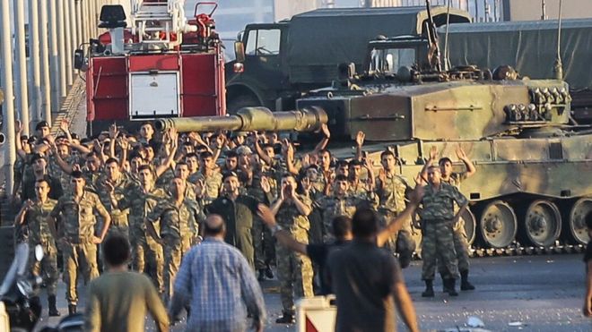 Soldiers involved in the coup surrender on the bridge over the Bosphorus in Istanbul (16 July)