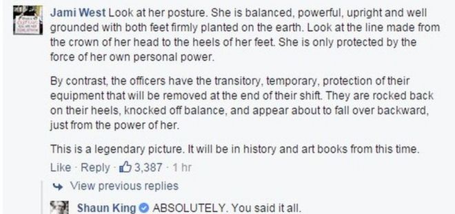 Facebook post by NY Daily News reporter Shaun King, with comment beneath saying: Look at her posture. She is balanced, powerful, upright and well grounded with both feet firmly planted on the earth. Look at the line made from the crown of her head to the heels of her feet. She is only protected by the force of her own personal power. - 10 July 2016