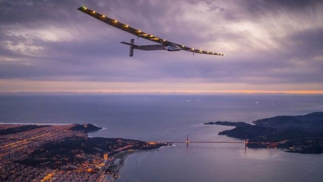 Solar Impulse 2 over the Golden Gate bridge in San Francisco, US. Photo: 23 April 2016