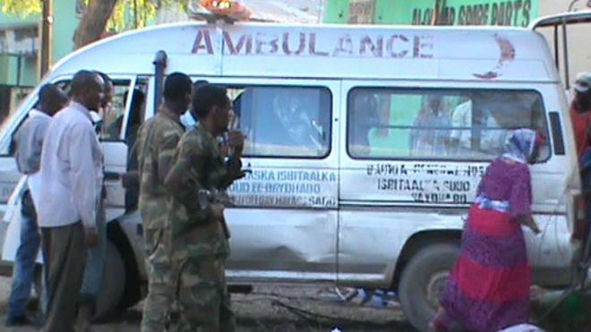 An ambulance is seen on 28 February, 2016 in Baidoa after twin explosions in the Somali city killed at least 30 people