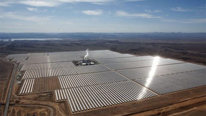 Aerial view of the solar plant of Ouarzazate, central Morocco, Thursday, Feb.4, 2016