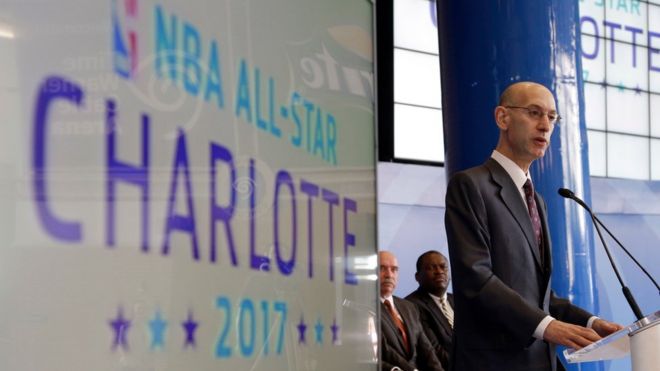 In this Tuesday, June 23, 2015 file photo NBA Commissioner Adam Silver speaks during a news conference to announce Charlotte, N.C., as the site of the 2017 NBA All-Star basketball game