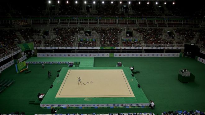 General view of the Rio Olympic Arena during the Rhythmic Gymnastics Individual All-Around Qualification at the Final Gymnastics Qualifier - Aquece Rio Test Event for the Rio 2016 Olympics