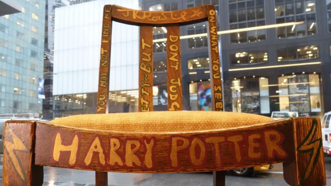 A chair used, and later decorated, by author JK Rowling while she wrote the first two Harry Potter books